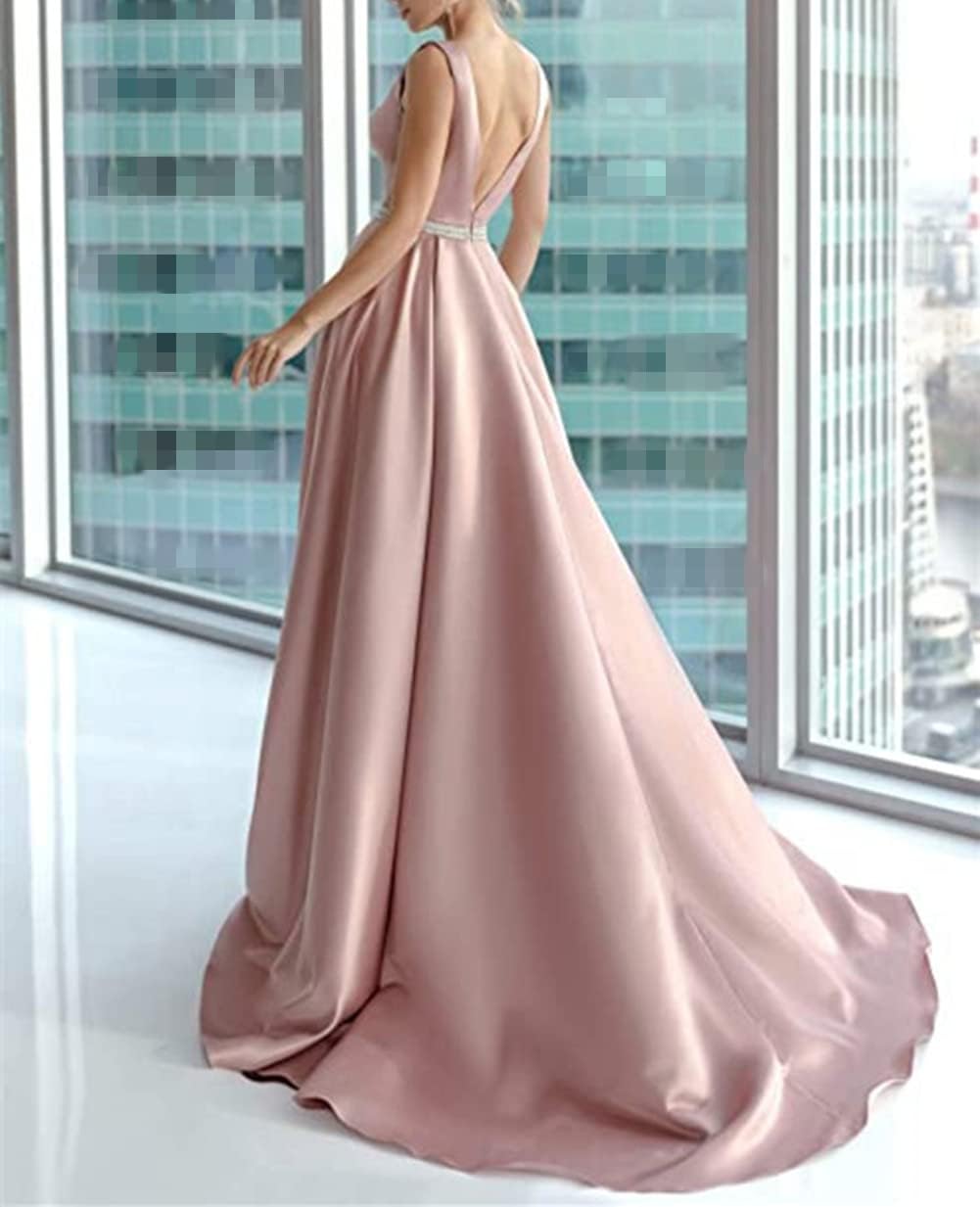 Women's V Neck Satin A Line Prom Dress Beaded Long Evening Party Gown