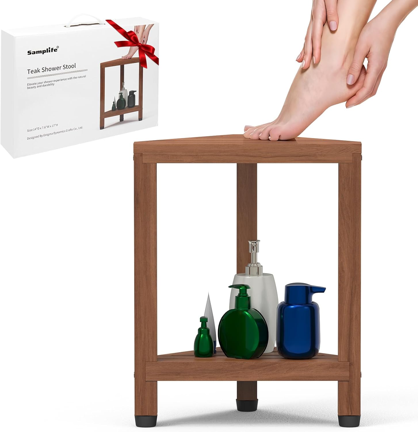 Corner Shower Stool for Shaving Legs, Teak Corner Shower Bench Stools for Inside Shower,Bathroom Shower Bench Seat Shower Foot Rest with Storage Shelf for Small Shower Spaces