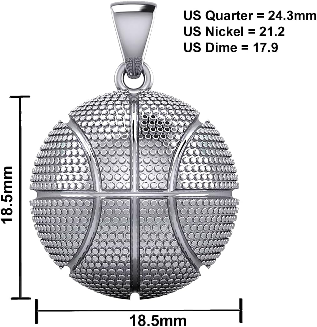 US Jewels Men's Large 925 Sterling Silver 18.5mm Textured Basketball Sports Pendant Necklace, 22in to 26in