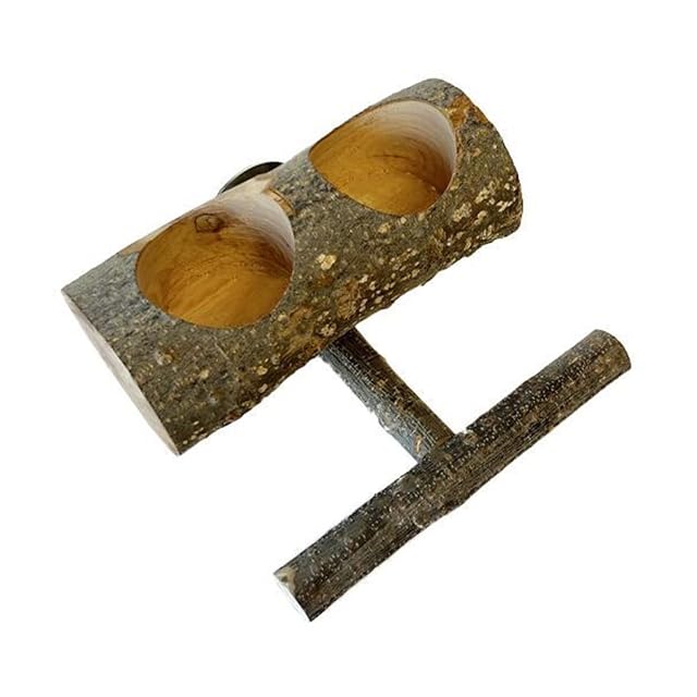 CYILPR Comedero para pájaros, soporte para loros con 2 cuencos de madera natural para pájaros pequeños