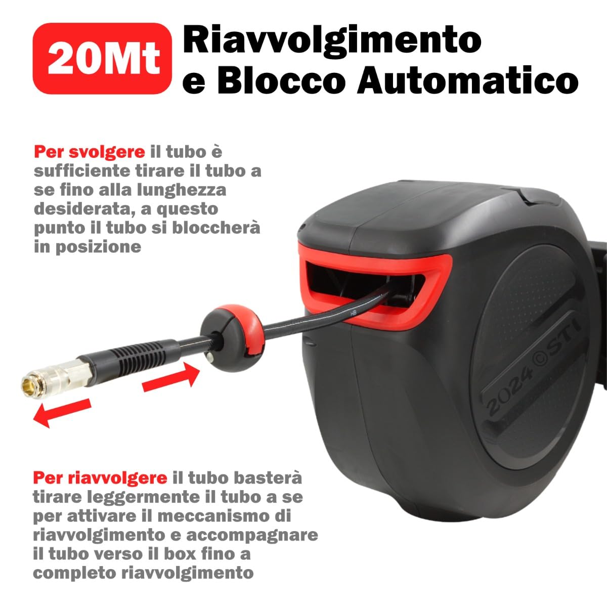 STI Avvolgitubo automatico per aria compressa 20m da Parete con Box e fissaggio a parete Tubo Aria 17 bar con attacchi rapidi da 1/4 di pollice e tubo da 3/8