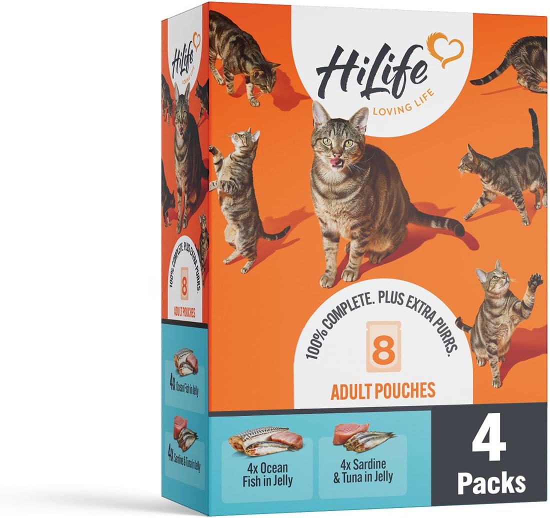 HiLife Adult Wet Cat Food, Mixed Ocean Fish in Jelly Recipes, Complete Cat Food Pouches, 100% Natural & Grain Free, Ocean Fish / Sardine with Tuna (32 x 70g Pouches)