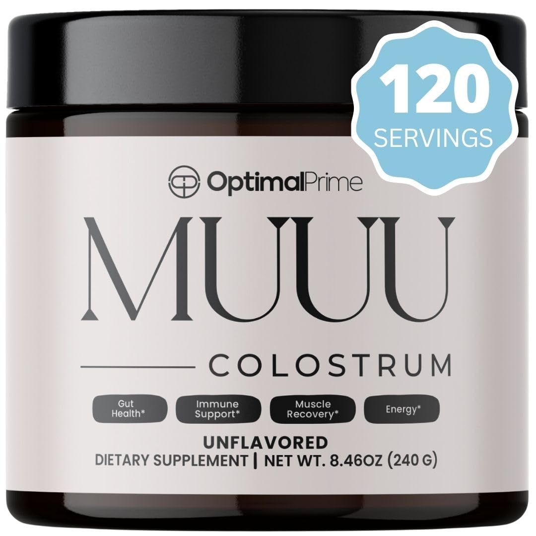 MUUU Bovine Colostrum Supplement and Superfood Powder for Gut Health, Bloating, Immune Support, Hair, Skin, and Nails Unflavored, 120 Servings