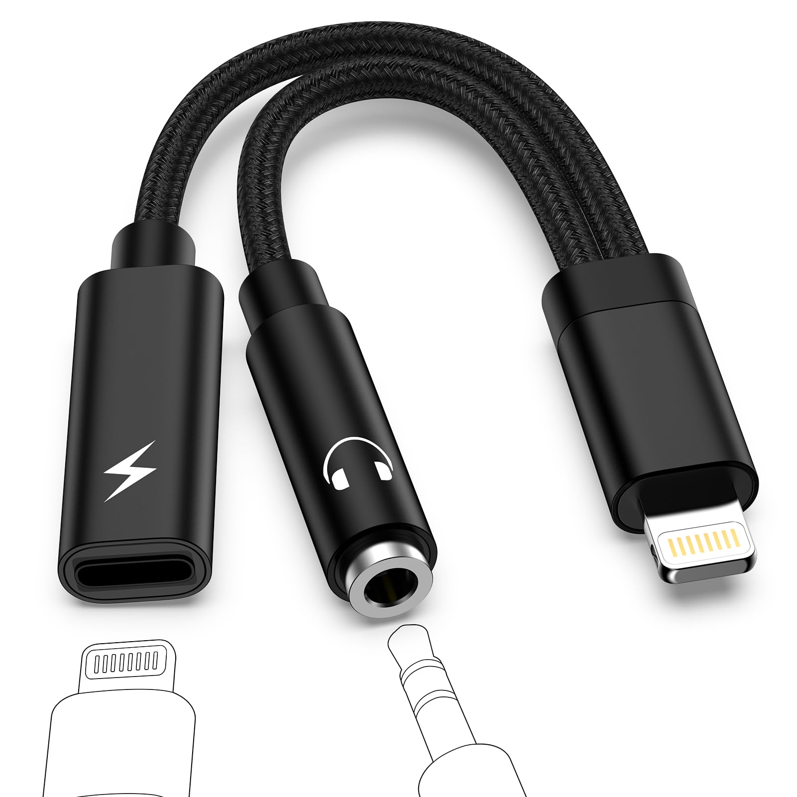 GAEF 2in1 Lightning to 3.5mm イヤホンジャック iPhone MFi認証 ライトニング オーディオ変換アダプター イヤホン 変換 & 急速充電同時 2IN1 音楽+充電 Hi-Fi音質 DAC搭載 音楽調節 高耐久ナイロン iPhone14/13/12/11/SE/XR/X/8/7S等適用 iOS20対応 【通話不可】
