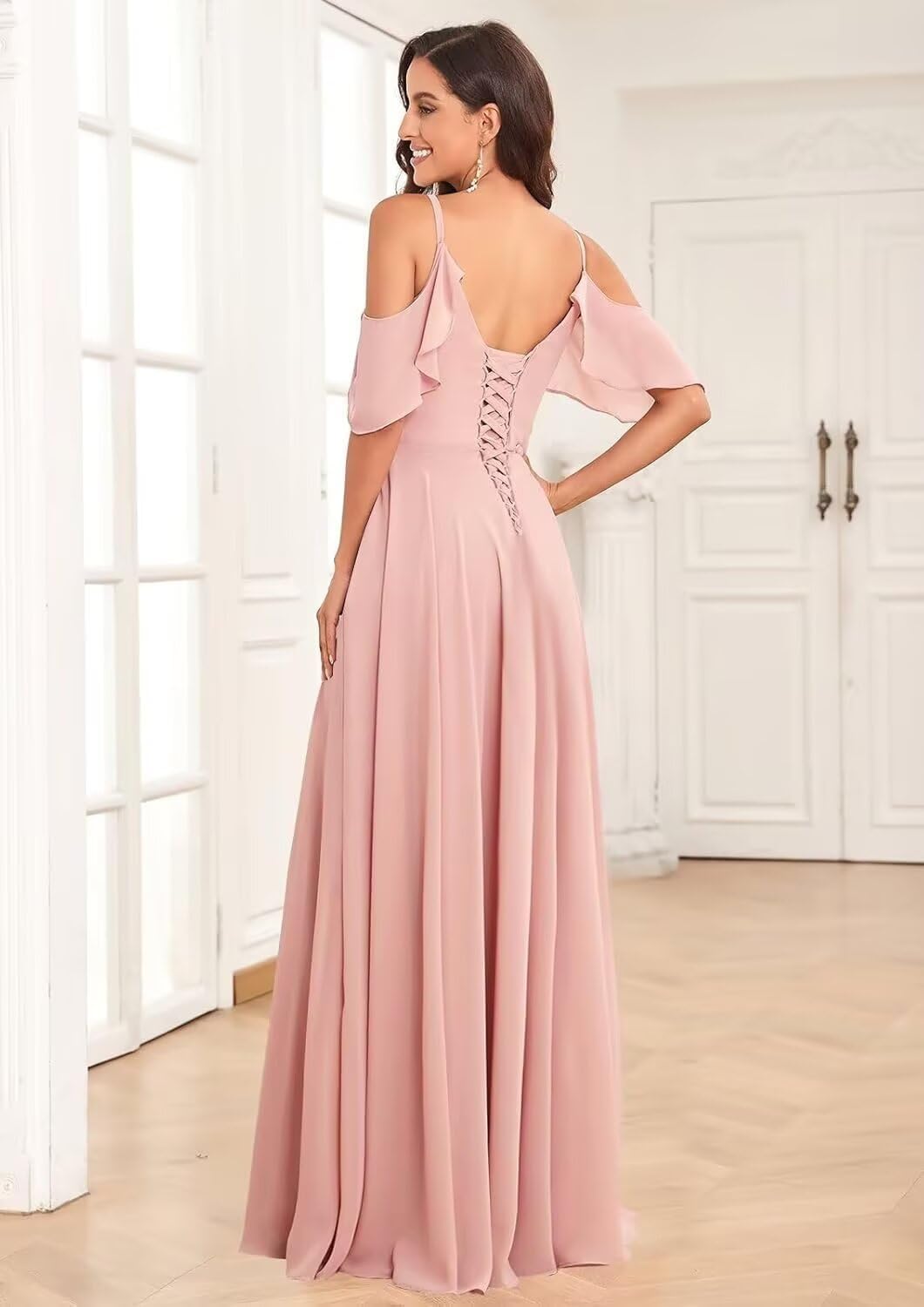 Off Shoulder Bridesmaid Dress Long for Women Wedding Party with Slit Chiffon V Neck Evening Ball Gown
