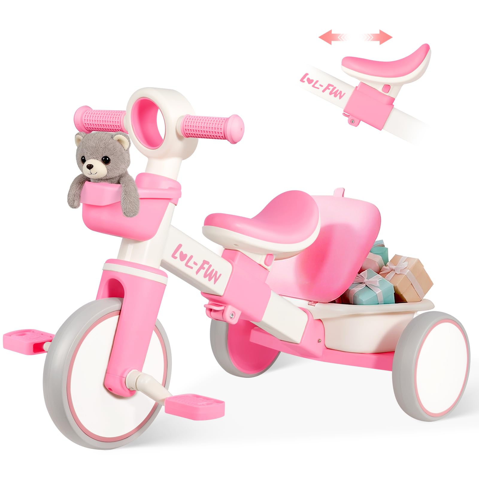 LOL-FUN Kids Tricycle for 1 2 3 Year Olds, Adjustable Baby Trike for Boys Girls Toys Gift Age 2-4, Toddler Bike with Storage Baskets & Removable Pedals (Pink) — image 1