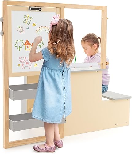 Miniatura 8 de Costzon Caballete para niños, centro de arte de madera con pizarra y pizarra blanca de doble cara, rollo de papel para dibujar, manualidades,