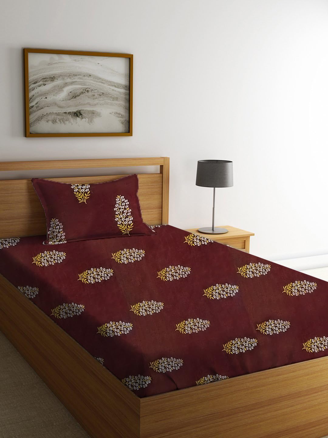 YORIK 100% Microfiber bedsheet for Single Bed with 1 Pillow Covers Breathable | Wrinklefree and Softtouch White Flower Print Sheet (Primus-Maroon-Single)
