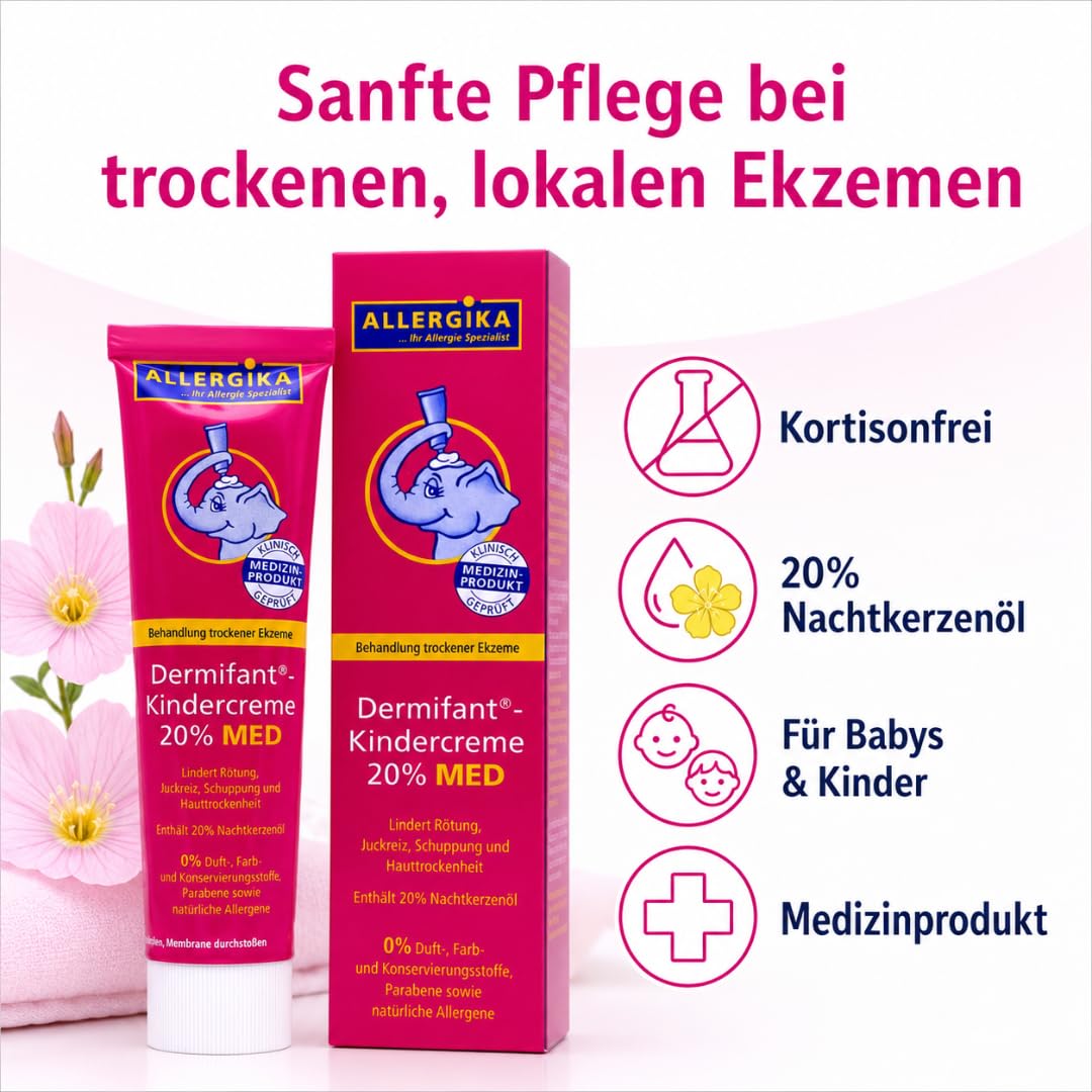 Kindercreme 20% MED 100 ml I mit Pharma Perle Duschgel (3x) | Kortisonfreie Ekzempflege mit 20 % Nachtkerzenöl bei Schuppung, Juckreiz und Hauttrockenheit für Babys und Kinder