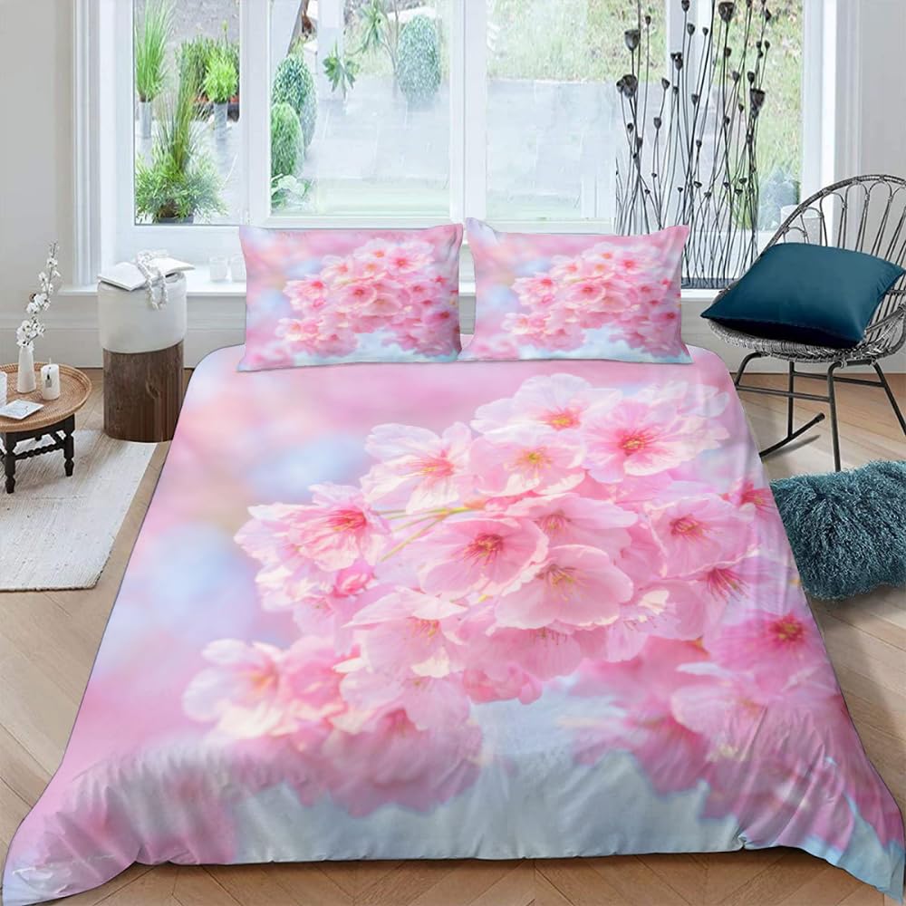 Parure De Lit 3 Pièces Motif Fleurs De Cerisier - Housse Couette 155x220 Cm + 2 Taies 65x65 Cm - Microfibre Polyester Douce Et Réversible