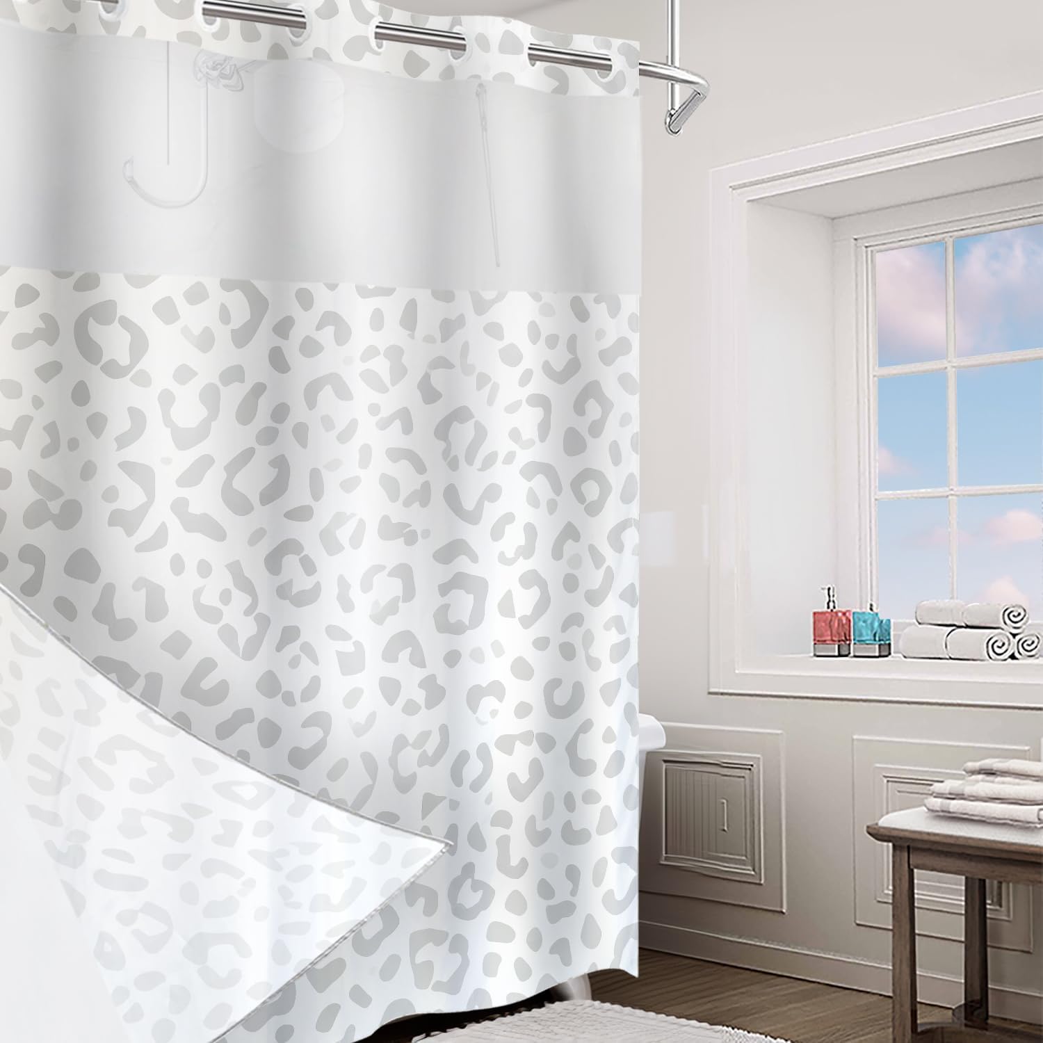 Grey Leopard Print No Hooks Shower Curtain with Snap in Liner Set, Animal Nature Cat Wildlife Fur Polyester Shower Curtain for Stall Bathroom Waterproof 71X74 Inch