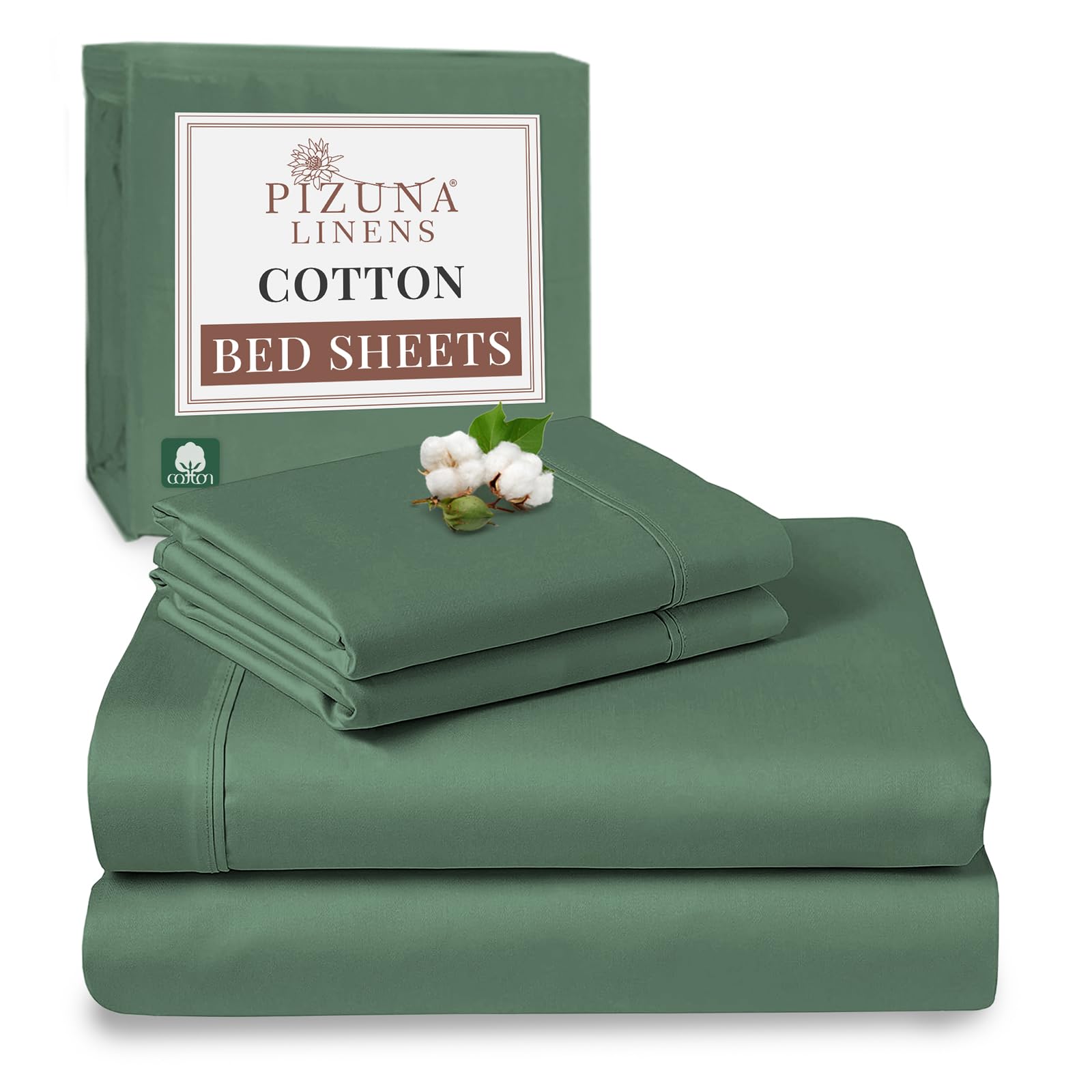 Pizuna Hedge Green 100% Cotton Double Bed Sheet Set 400 Thead Count Long Staple Cotton Bedding Set 230X280 Cm, Soft Sateen Weave Bed Sheet Set - Fitted Sheet, Flat Sheet & 2 Pillowcases