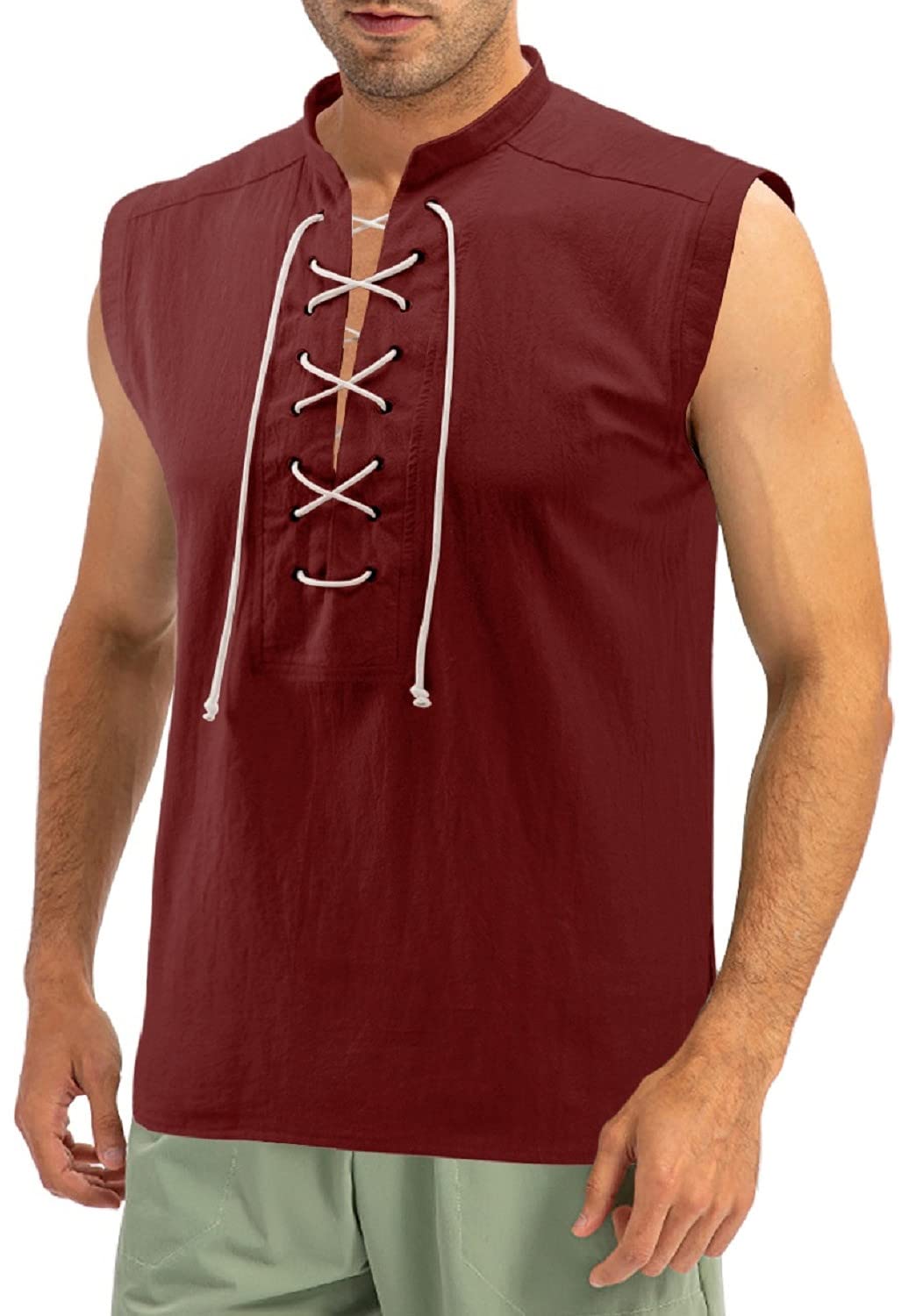 Mens Pirate Renaissance Retro Style Lace up Sleeveless Shirt for Medieval,Viking,Hippie Matching, Red, XL