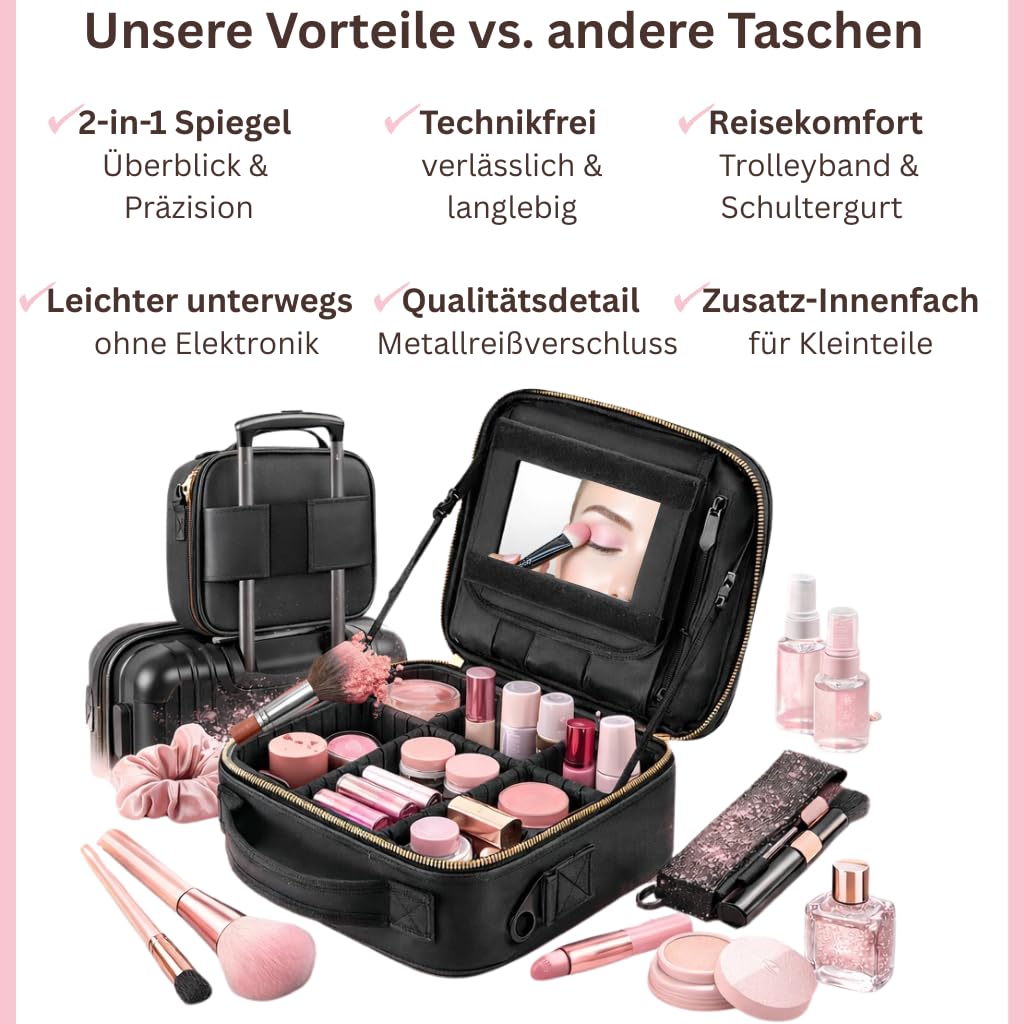 Premium Kosmetiktasche mit Spiegel (normal & Vergrößerung) – Make Up Tasche mit Spiegel – Schminktasche – Kosmetikkoffer - Schminkkoffer Damen