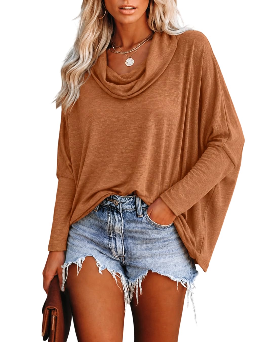 CHICME Women Cowl Neck Batwing Sleeve Top Long Sleeve Pullover Blouse-br-S