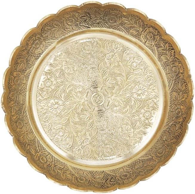 - Shubhkart Nitya Brass Prasadam Vastu Nakshi Plate | Brass Puja Plate Handmade Nakashi Bhog Thali For Pooja Beautifully Engraved and Decorative Platter For Home Mandir Temple (5.9 Inch Length) - 219 Gm