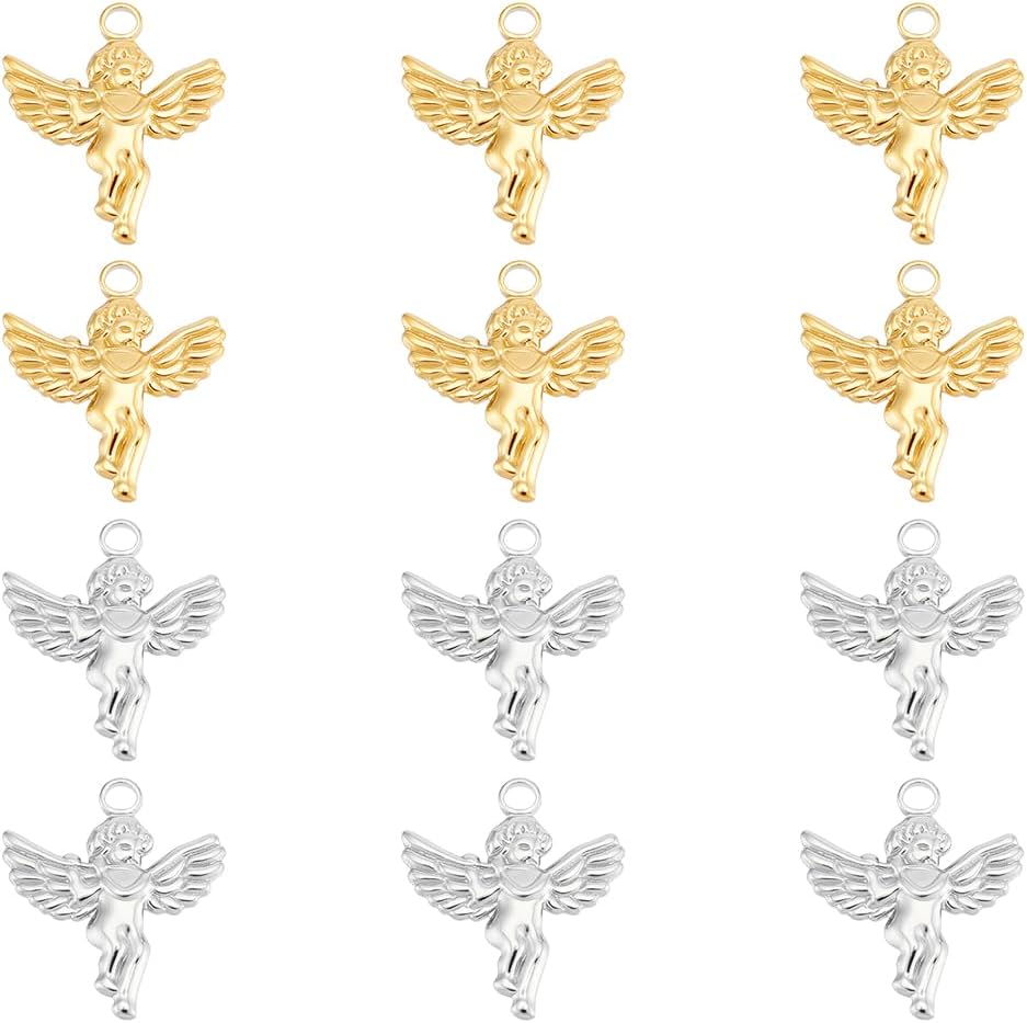 UNICRAFTALE 12Pcs 2 Colors Guardian Angel Charms Stainless Steel Charm Angel Fairy Pendant Metal Wings Double Sided Charms Gold Necklace Pendant Jewelry Making Accessories for DIY Bracelet Earrings