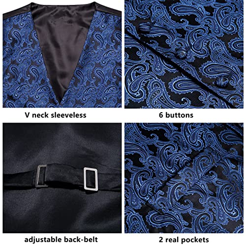 Men's Silk Vests and Tie Business Formal Dresses Slim Vest 4PC Hanky Cufflinks Suit Blue Paisley Waistcoat4