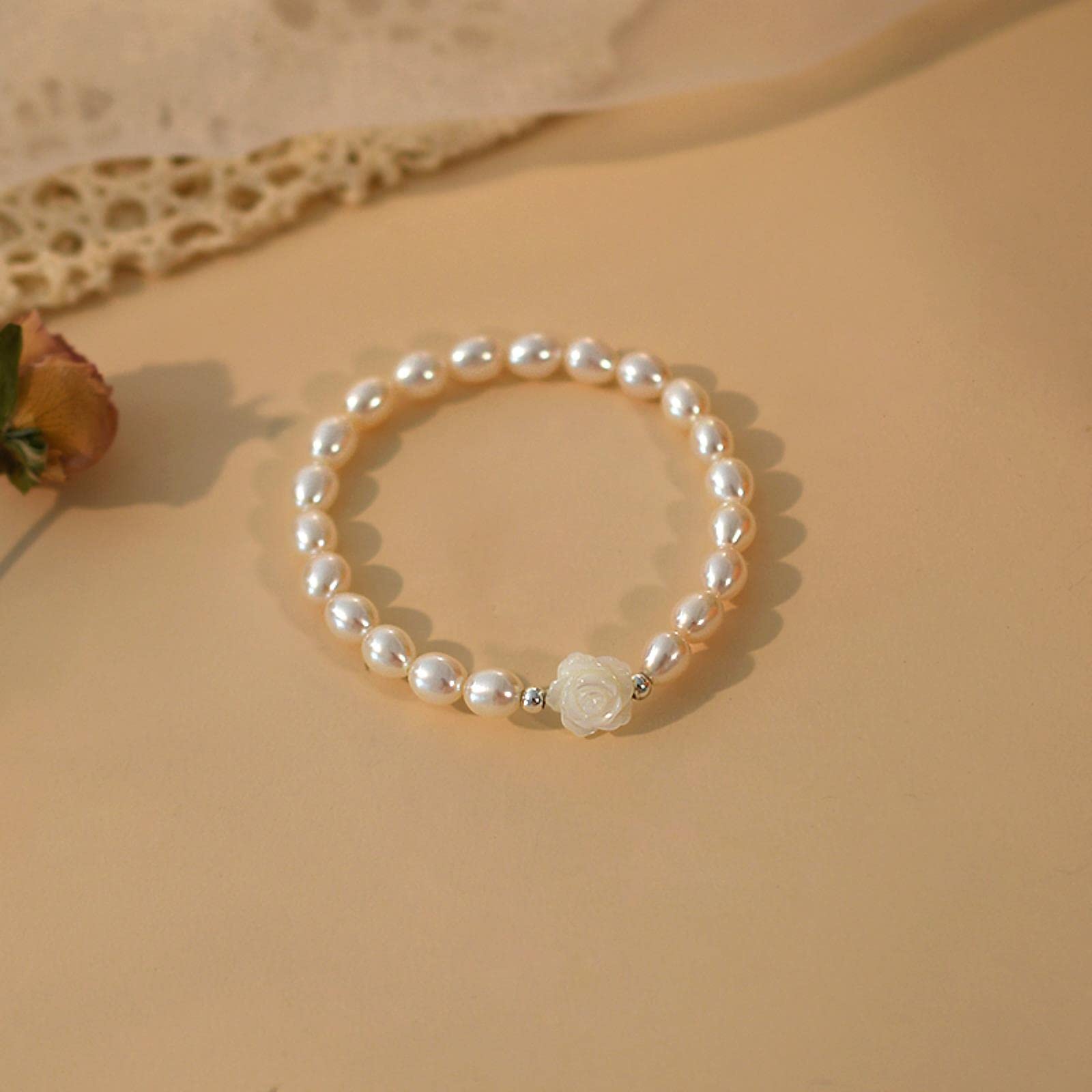 HLTYGWX Pulsera de Flores de Concha de Perla de Agua Dulce Natural, joyería de de Plata de Ley 925 para niña