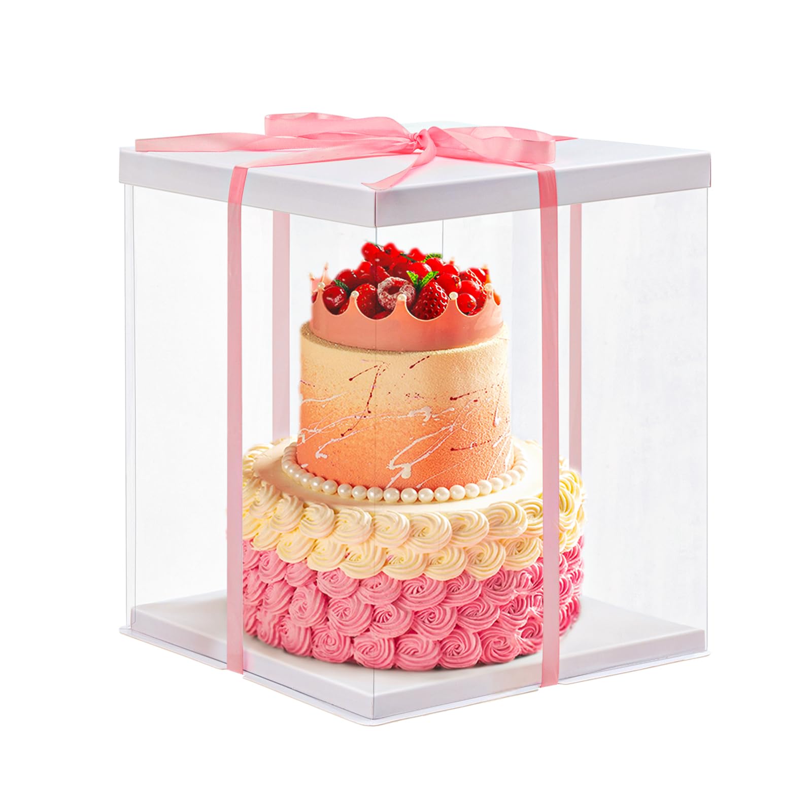 Warmiehomy Clear Cake Box, 30x30x35CM for 10 Inch Tall Cake Box, Transparent Cake gift Boxes with Lid & Ribbon, Plastic Cube Cake Gift Packaging Boxes for Birthday Wedding Christmas Party