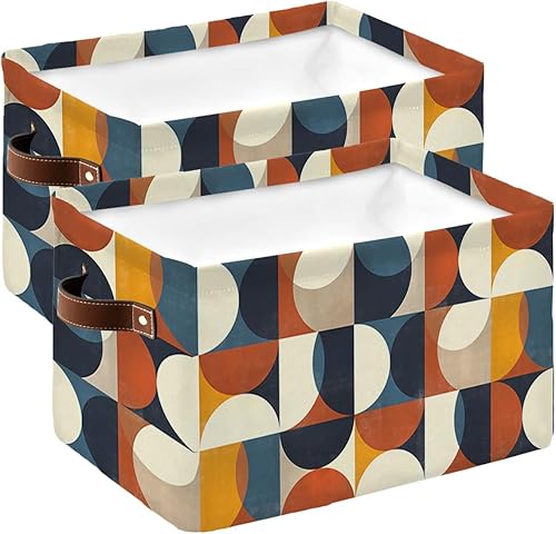 Navy Blue Orange Beige Storage Basket for Organizing Shelves, Collapsible Storage Bins Boxes with Handle, Middle Century Modern Geometric Abstract