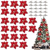 Yopay Poinsettia Artificial Christmas Flowers Decorations, Xmas Tree Ornaments, Red Glitter Gold...