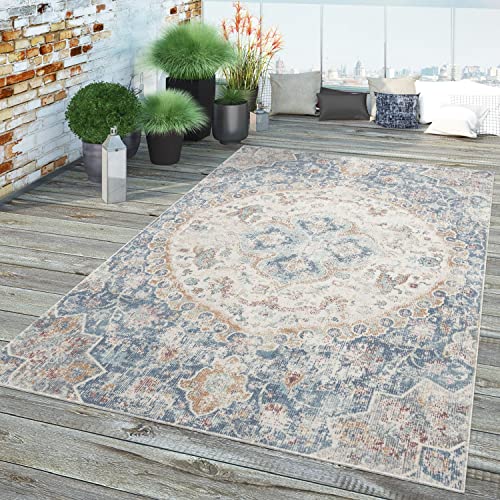 TT Home In-& Outdoor Teppich Küche Wohnzimmer Wetterfest Balkon Vintage Design Abstrakt, Farbe: Blau, Größe:60x100 cm