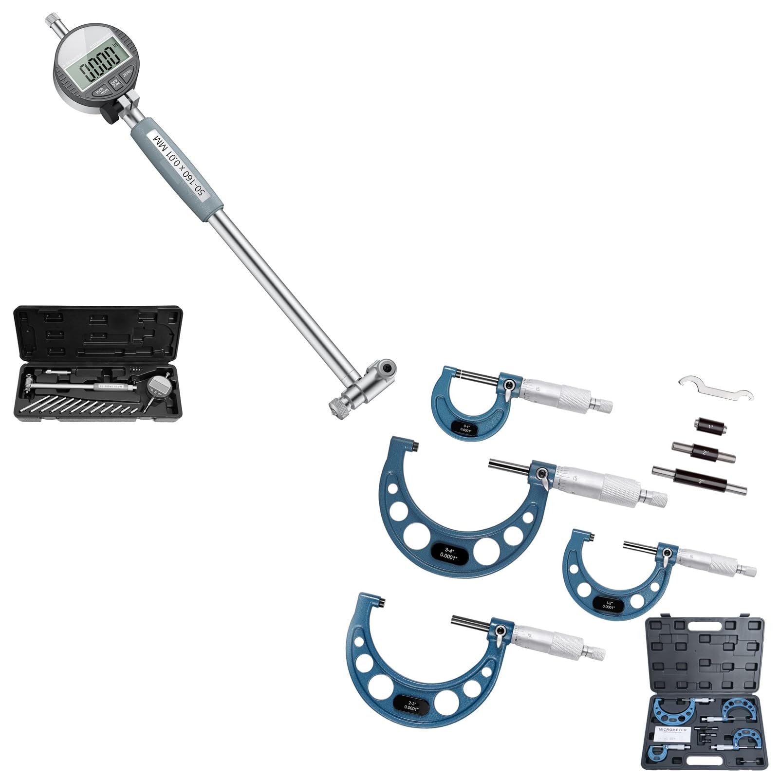 Calibradores de interiores con indicador de cuadrante digital (2"-6"/0.0005") y juego de 0-4" – Combinación de herramientas de precisión para mecanizado de cilindros y herramientas de maquinista gra