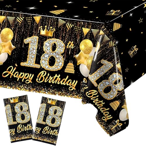 Meanju 2 peças Napa de mesa para aniversário, preto e dourado, 200 x 130 cm, mesa de feliz 18 aniversários, decoração de aniversário 18, para decoração de festas de aniversário e aniversário