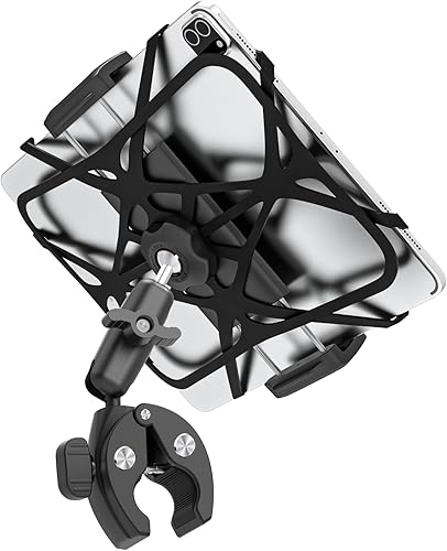 Charchendo Soporte universal de metal ajustable de 360 para manillar de tableta, correa anticaídas, soporte para tableta de motocicleta compatible