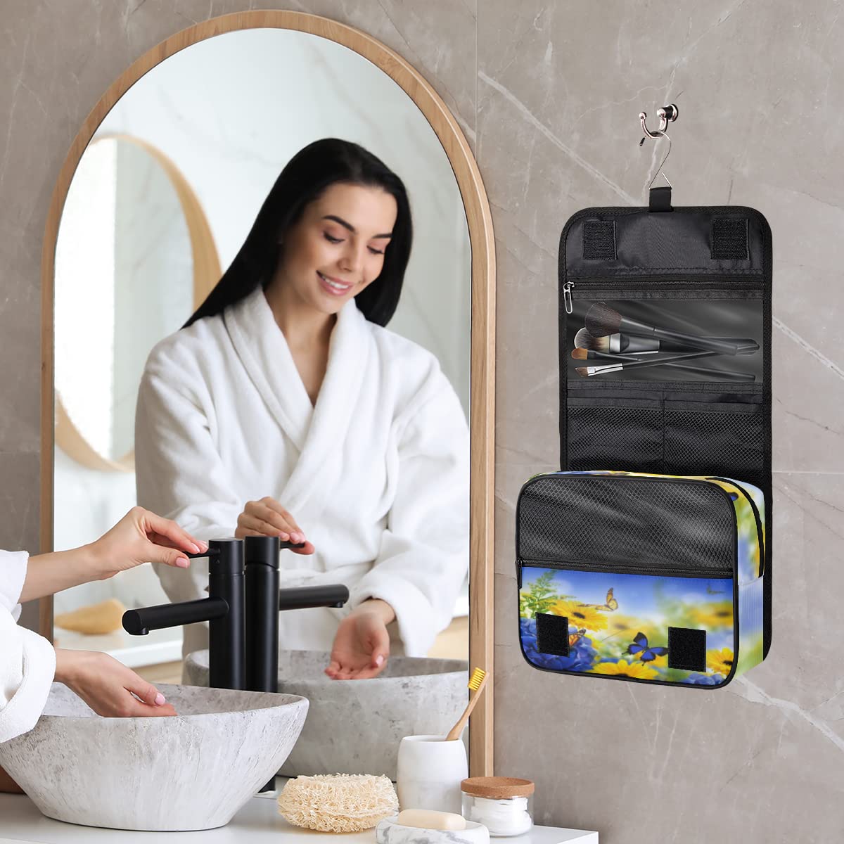 Kwiaty Motyle Podróżna Kosmetyczka Kwiaty Mycie Torba Unisex Wiszące przybory toaletowe Kosmetyczka Organizer do makijażu, wielobarwny, Jeden rozmiar