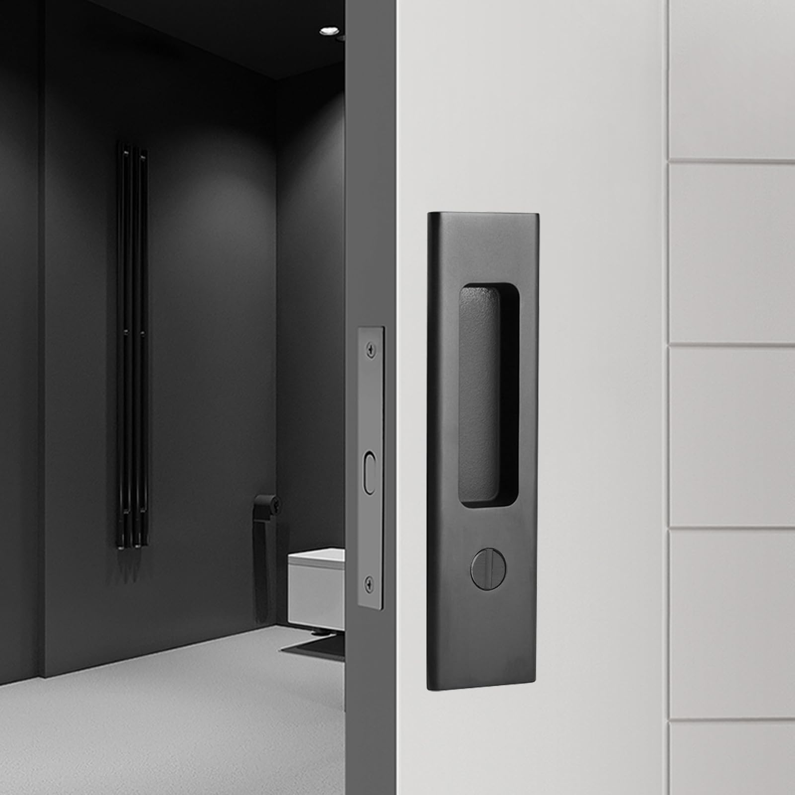 Hoconnie 6.3” Privacy Pocket Door Lock Hardware, Sliding Door Barn Door Lock, Bathroom Mortise Lock, Invisible Furniture Hardware for 1-7/16” ~ 1-15/16” Thickness Door Matte Black