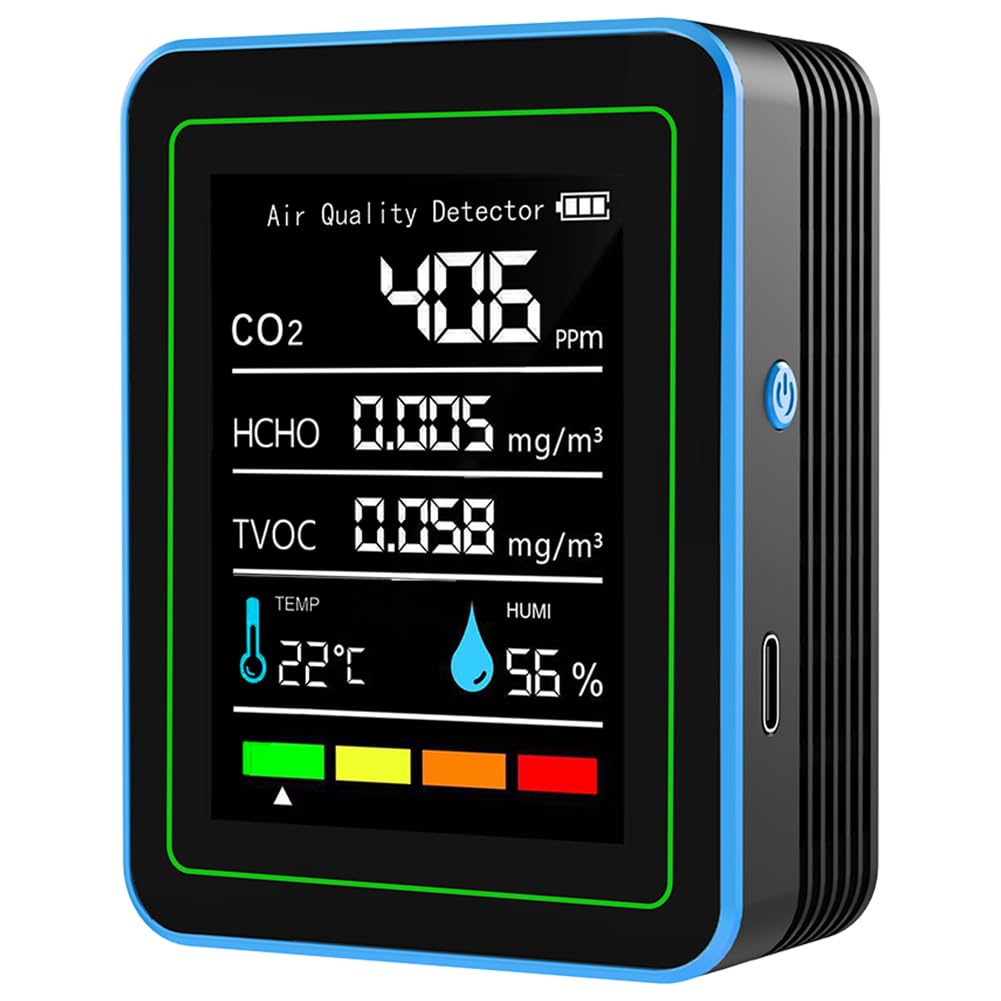 Détecteur de CO2 Moniteur de Monoxyde de Carbone, Moniteur Qualité de l'Air 5-en-1, Détecteur d'air, Charge USB, Mesure Température et Humidité, Portable, Moniteurs de Formol pour Maison