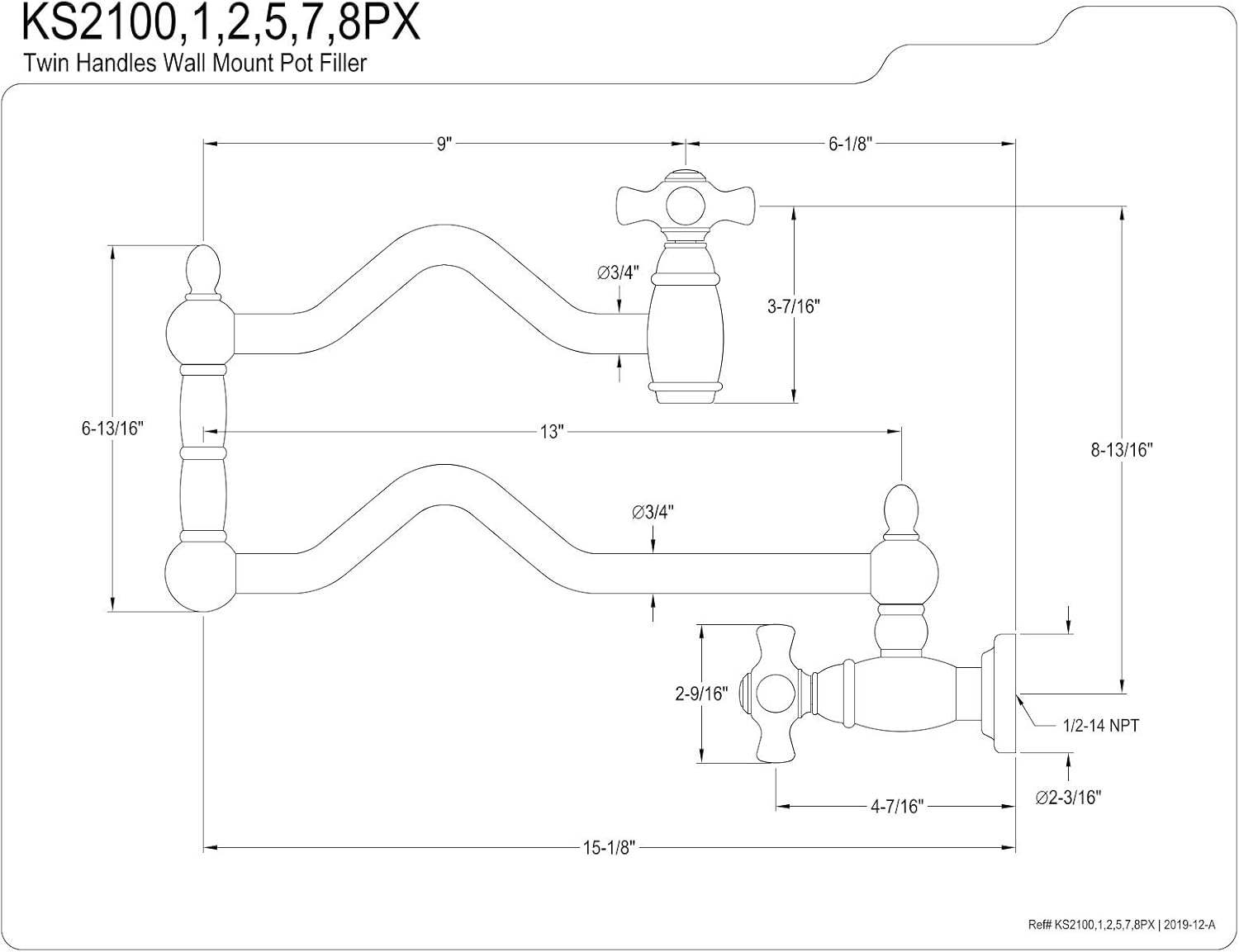 Kingston Brass KS2108PX Heritage Wall Mount Pot Filler, Brushed Nickel