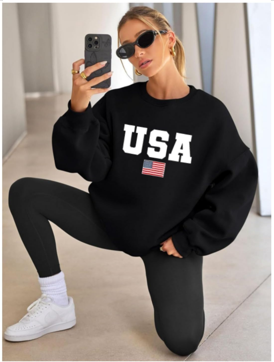 Womens USA Sweatshirt American Flag Sweater Long Sleeve 4th of July Shirt Patriotic Sweatshirt Pullover Outfit Tops - Image 2