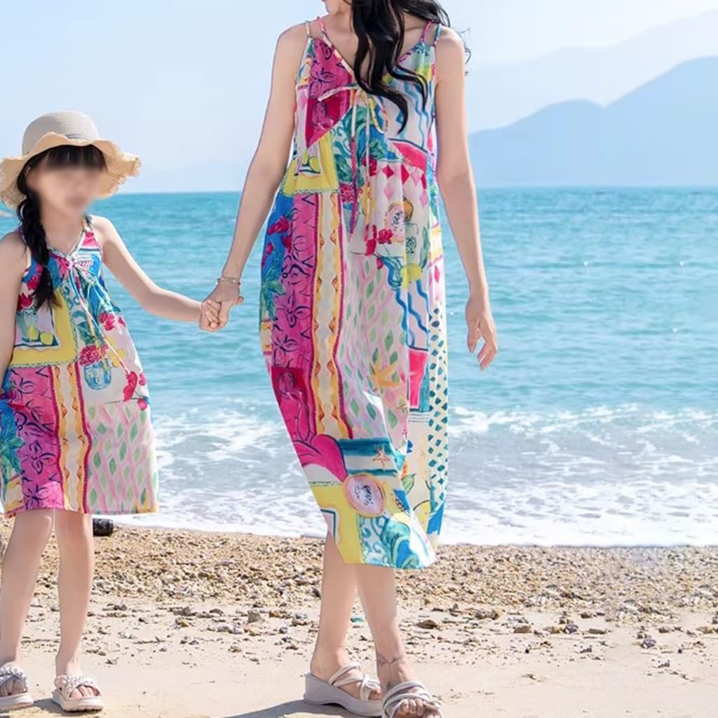 Abito da Vacanza con Spalline A Stampa Colorata, Abito da Spiaggia Estivo da Donna con Scollo A V, Spalline con Fiocco