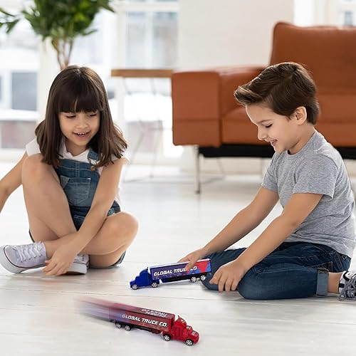 Miniatura 6 de ArtCreativity Juguetes semirremolques para niños, juego de 2, camiones de juguete para niños en rojo y azul, camiones de remolque para horas de