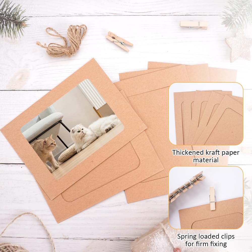 Set 40 Cornici Carta Kraft Con Mollette - 15,5x11,5 Cm, Con 4 Corde Di Canapa, Per Decorazione Parete Fai Da Te Set Cornici Foto Fai Da Te