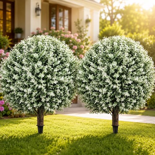 2PCS Artificial Boxwood Topiary Ball Tree, 24'Artificial Plants Outdoor with Spike, UV Resistant...