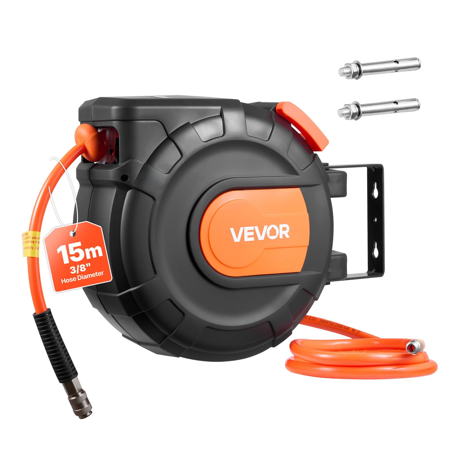 VEVOR Carrete de Manguera de Aire Retráctil 15 m x 9,5 mm, Manguera para Compresor de Aire Presión Máxima de 300 PSI, con Entrada de 1 m, Montaje en Techo o Pared Giratorio de 180°, para Garaje