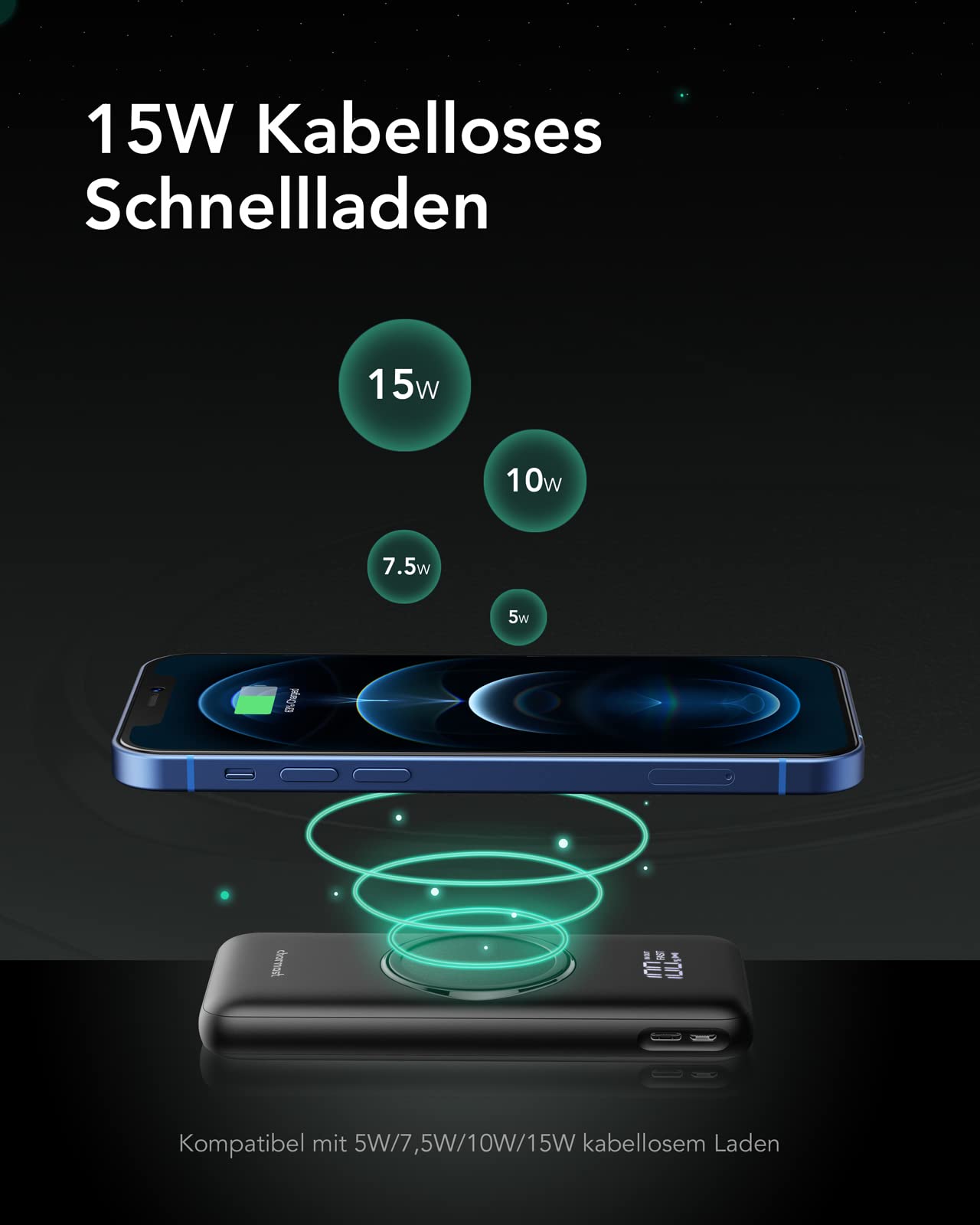 Charmast Power Bank, Wireless Powerbank 20000mAh Induktives Laden Kabellose Ladegerät 22,5W PD/QC 3.0 Externos Handyakkus mit LED Display Kompatibel mit iPhone 17 16 15 14 13 12 Pro max Samsung Huawei
