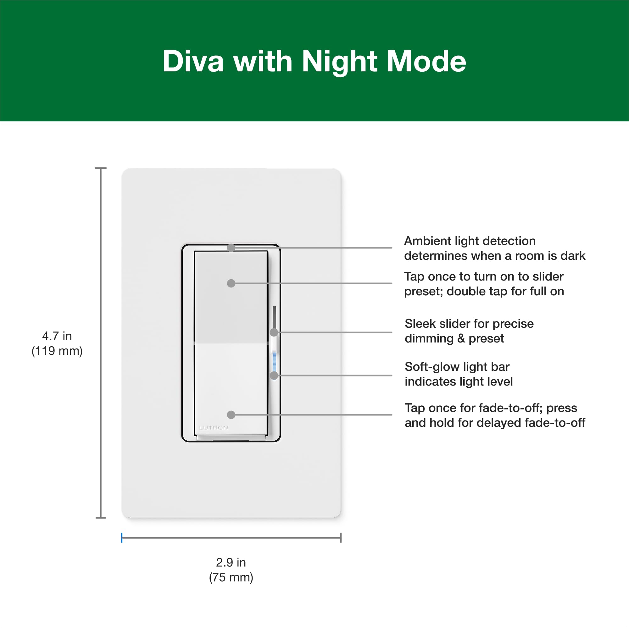 Lutron Diva LED+ Regulador de intensidad con modo nocturno para LED | Modo nocturno Diva para baños y pasillos, barra de luz de brillo suave para luz localizadora, no requiere neutro