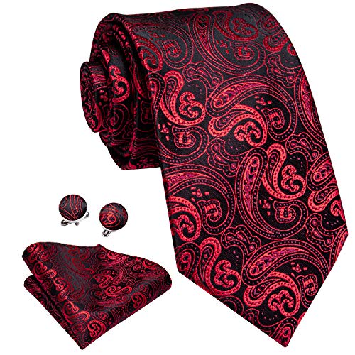 Dubulle Mens Paisely Red And Black Tie Pocket Square Woven Silk Necktie Set With Cufflinks For Wedding #TOP4