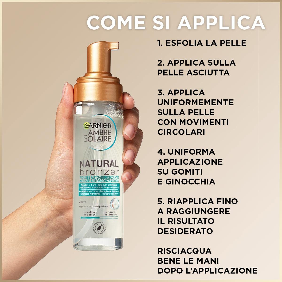 Garnier Ambre Solaire Mousse Autoabbronzante Natural Bronzer, Viso e Corpo, Per un'Abbronzatura Naturale fino ad Una Settimana, Formula Vegana Arricchita con Acqua di Cocco Idratante, 200 ml