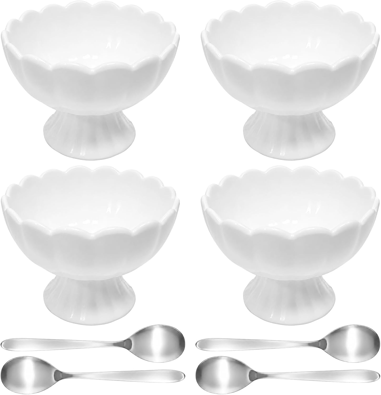 4 Pack White Ceramic Dessert Bowls Set with Stainless Steel Spoons, 7.05 Oz Capacity Footed Trifle Bowl with Pedestal, Petal Edge Ice Cream Pudding Serving Bowl Set for Fruit, Salad, Tiramisu