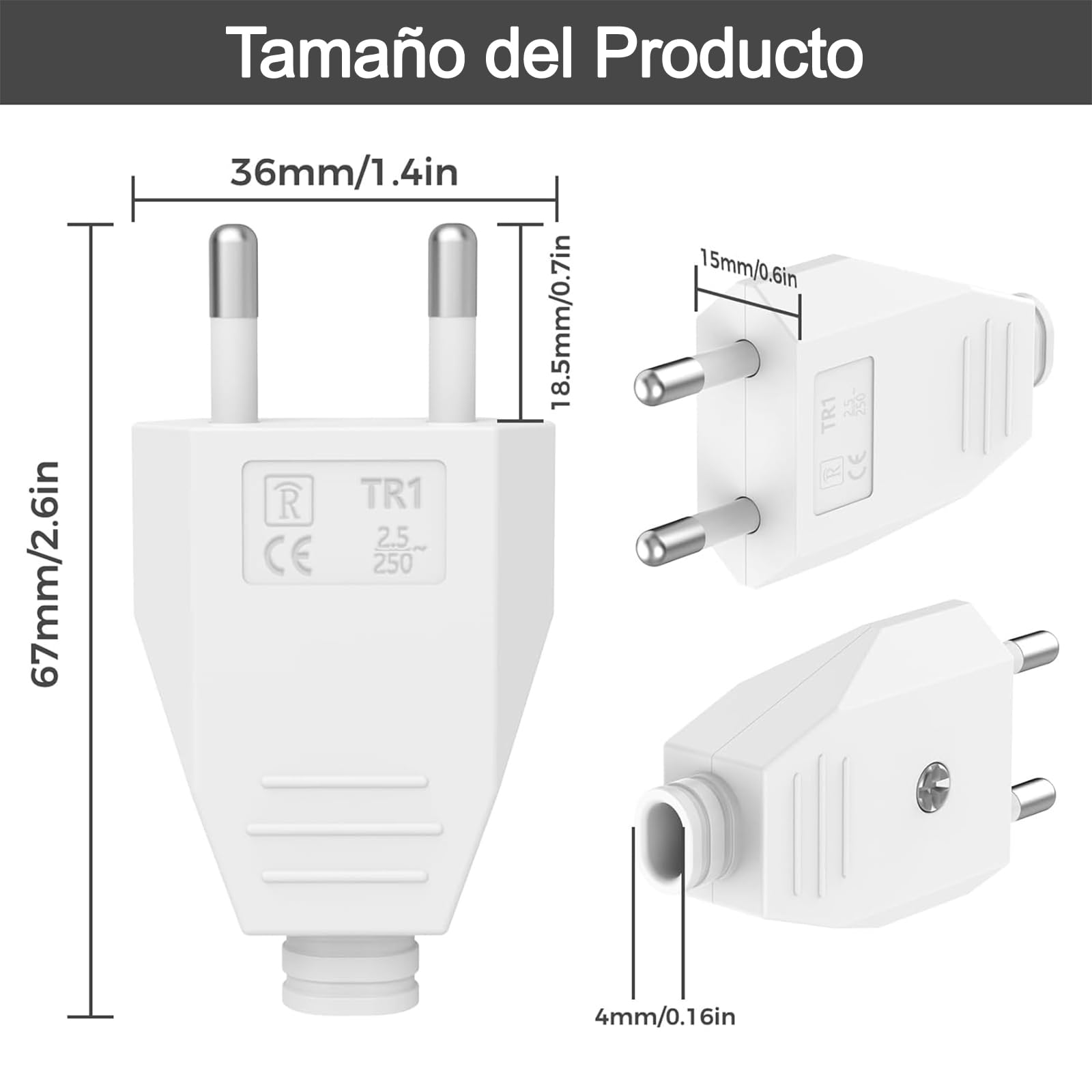 2 Piezas Enchufe Europeo Plano, Enchufes Euro de Alimentación 250V 2.5A, Clavija Enchufe Electricas Macho de Decoración del Hogar de Schuko Instala o Reemplaza, Blanco