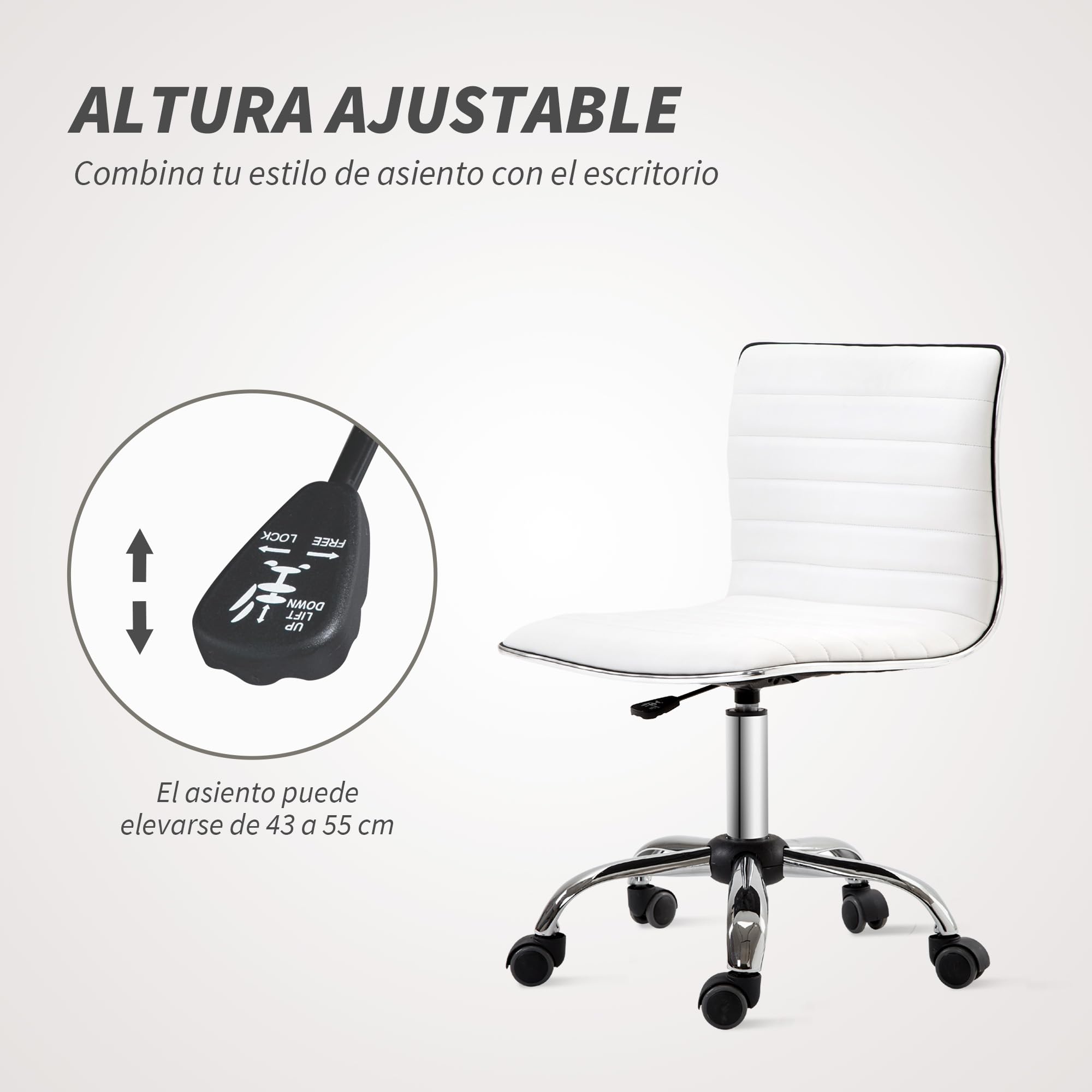 HOMCOM Silla de Oficina sin Brazos Giratoria Altura Ajustable Blanco