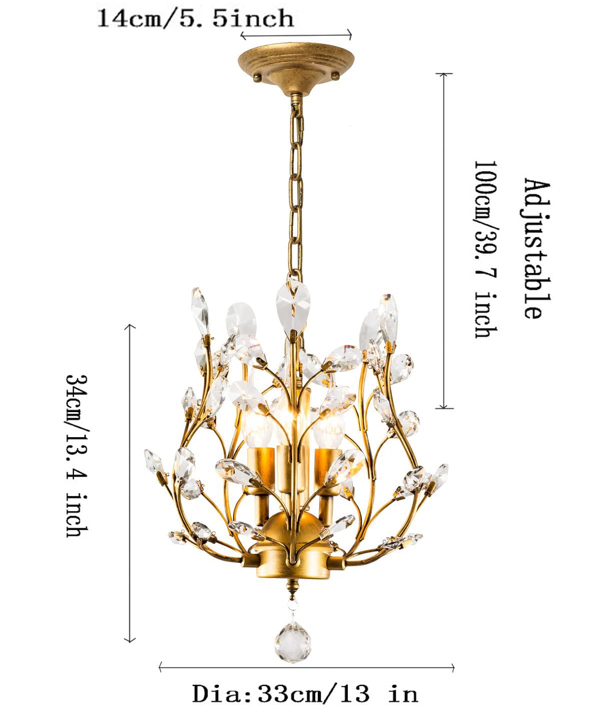 Ganeed Crystal Chandeliers,K9 Crystal Pendant Light with 3-Light Chandelier Lighting Fixtures,Ceiling Light for Living Room Bedroom Restaurant Hallway (Gold)