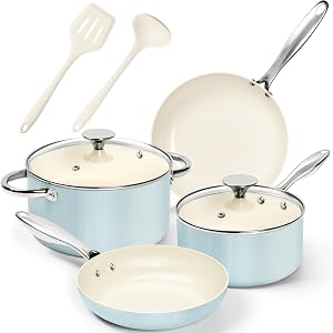 MICHELANGELO Pots and Pans Set Non Stick - Titanium Cookware Set Non Toxic Ceramic Coating, 8-Pcs Nonstick Pots and Pans with Ergonomic Handle, Dishwasher Safe & Induction Compatible, Blue