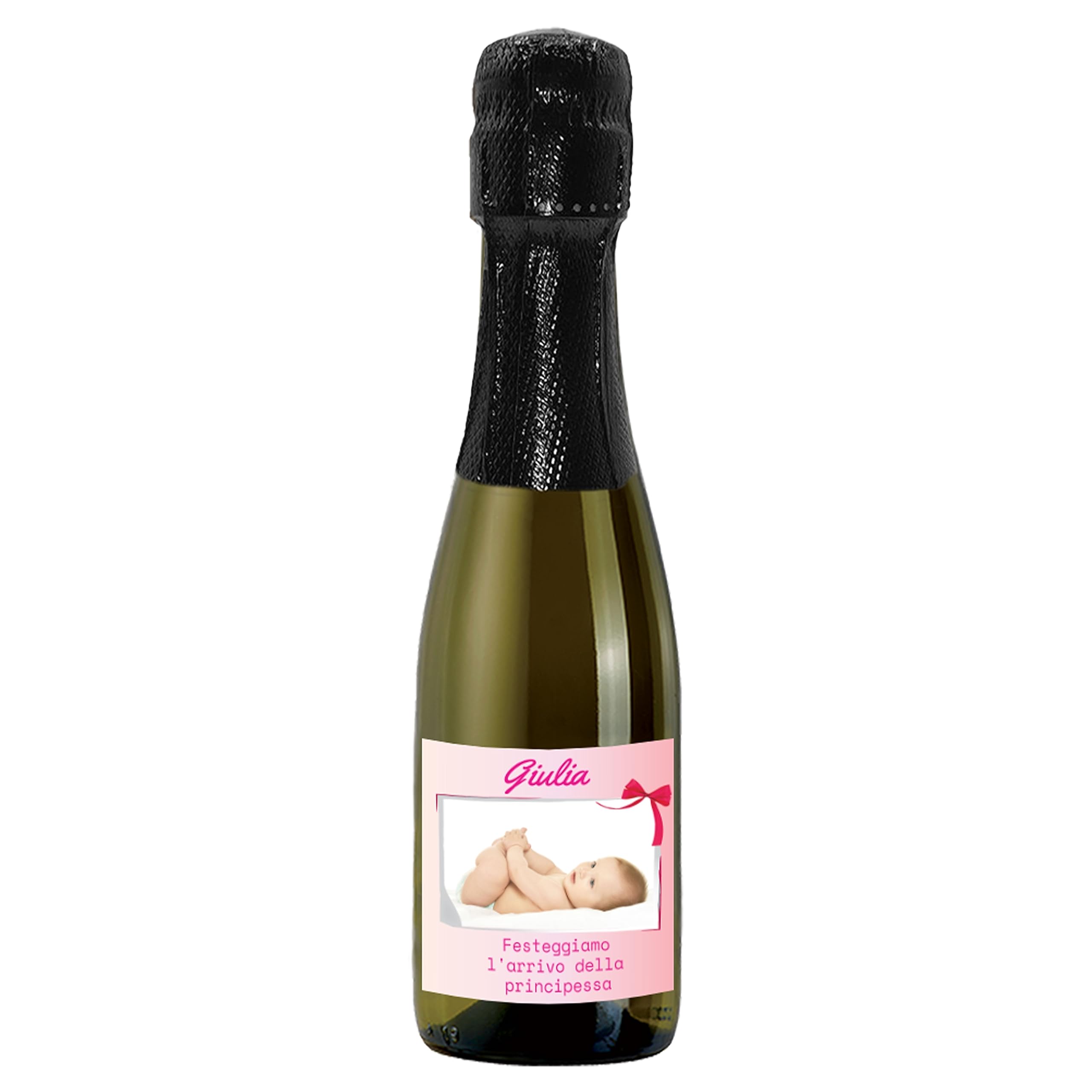 24 Bottiglie mignon di Prosecco DOC Spumante Extra Dry Personalizzato - Idea esclusiva e originale per bomboniere di battesimo (Principessa)
